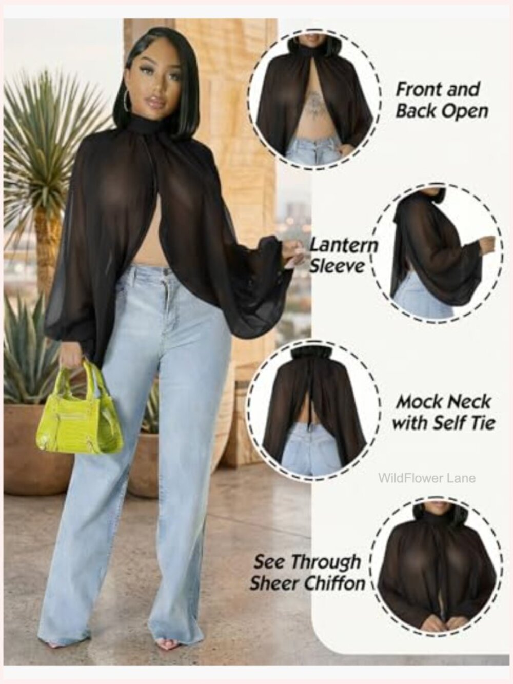 Sexy Sheer Chiffon Lantern Sleeve Blouse Front Back Open Self Tie Top - Picture 6 of 7